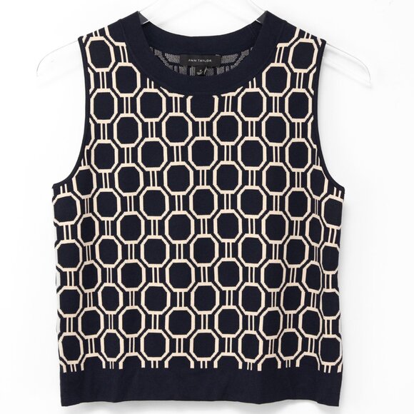 Ann Taylor Ann Cardigan + Shell Geometric Sweater Set Tan Navy Blue Size XS New - Picture 3 of 11
